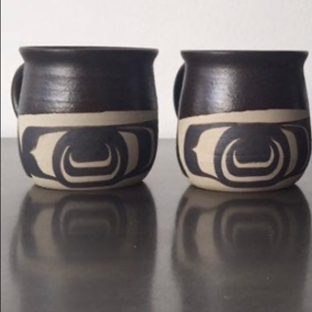 Set of Judy Cranmer Haida First Nation ceramic mugs vintage